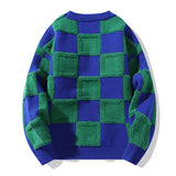 Hip Hop Plaid Knitted Sweaters Mens Harajuku Patchwork Thicken Jumpers Streetwear Oversized Casual Loose O-Neck Pullover Unisex