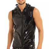 Aidase Men PVC Hoodies Tank Tops PU Leather Zipper Sleeveless Latex Hooded Shirts Vest Sexy Party Clubwear Fitness T-shirts Streetwear aidase-shop