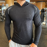 Aidase Gym Men T Shirt Casual Long Sleeve Slim Tops Tees Elastic T-shirt Sports Fitness Thin Comfort Breathable Quick Dry Hooded aidase-shop