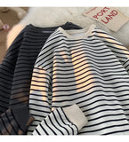 Korean Slouchy Style Striped Sweatshirt Unisex O Neck Top Street Women Clothes Casual Loose Long Sleeve Sweatshirts Pullover