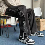 Aidase Streetwear Y2k Jeans Pants Lace Up Baggy Black Jeans Man Pants Designer Clothes Side Split Korean Fashion New