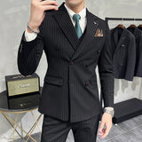 Aidase Fashion New Men's Boutique Business Slim Wedding Striped Double Breasted Suit Blazers Jacket Pants Trousers Vest 3 Pcs Set aidase-shop