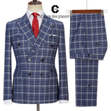 Aidase Des Graoom New Double Breasted Plaid Suit Men Slim Fit Blue 2 Pieces Set Blazer Pants Vintage Fashion Costume Homme