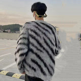 Aidase American Niche Zebra Print Men's Sweater Round Neck Pullover Mohair Knitted Jacket Trendy Contrast Color Male Tops aidase-shop