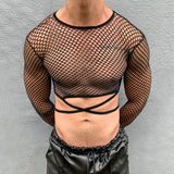 Aidase Streetwear Tie-up Crop Tops Mens Mesh Long Sleeve T Shirts Sexy Nightclub See Through Hollow Tops Fashion Transparent Slim Tees aidase-shop