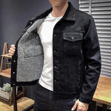 Aidase mens outfits Male Jean Coats with Sheep Padding Men's Denim Jacket Wide Sleeves Black Padded Wool Warm Winter Outerwear Aesthetic Clothing 