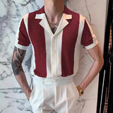 Aidase Luxury Men Knit Shirt Striped Contrast Color Jacquard Knitted Tops Men Cardigans Summer Short Sleeve Buttoned Lapel Slim Shirts aidase-shop