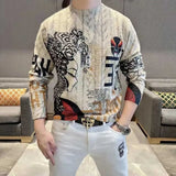 Aidase Fashion Stand Collar Printed Chinese Style T-Shirts Mens Clothing Winter Loose All-match Pullovers Casual Warm Tee Shirt