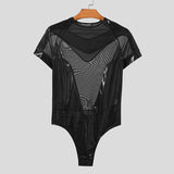 Aidase 2024 Men's Bodysuits Mesh Patchwork Shiny O-neck Short Sleeve Male Rompers Transparent Streetwear Fashion Bodysuit S-3XL aidase-shop