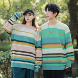 Aidase Autumn Striped Sweaters Men Korean Loose Streetwear Men's Pullovers Oversized Knitted Sweater Men Green Striped Sweater Women