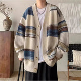 Aidase 2024 Autumn Winter New Men Oversize Loose Knitted Jackets Male Contrast Color Striped Cardigan Mens V-neck Sweater Coats aidase-shop