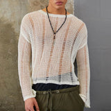 Aidase Mens Hollow See-Through Sexy Knitted Sweater Autumn Genderless Nightclub Elastic Loose Versatile Long-Sleeved Sweater Unisex aidase-shop