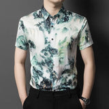 Aidase Men Floral Print Shirt Summer Silk Business Dress Shirts Short Sleeve Club Casual Flower Tops Clothing