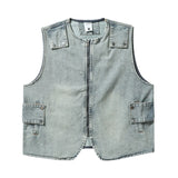 Aidase  mens outfits Original Trendy Functional Denim Cargo Vest Washed Distressed Dark Vintage Round Neck Zipper Up Jeans Vests Couple