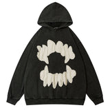 Vintage Teeth Hoodie Streetwear Hip Hop Retro Embroidery Patch Washed Hooded Sweatshirt Y2K Men Women Fashion Loose Hoodies