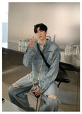 Aidase Autumn Denim Set Men Denim Jacket +Wide Leg Straight Jeans Casual Loose Solid Color Korean Style Street Stand Collar 2pcs Suit aidase-shop