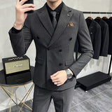 Aidase Fashion New Men's Boutique Business Slim Wedding Striped Double Breasted Suit Blazers Jacket Pants Trousers Vest 3 Pcs Set aidase-shop