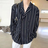 Aidase  Men Striped Shirt Lapel Long Sleeve Double Breasted Korean Men Clothing Streetwear Loose Fashion Casual Male Shirts aidase-shop