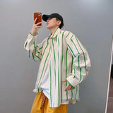 Aidase Autumn Fashion Tops Thin Coats Trendy Loose Retro Off-shoulder Green Vertical Striped Long-sleeved Shirts Men's Shirts aidase-shop