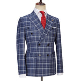 Aidase Des Graoom New Double Breasted Plaid Suit Men Slim Fit Blue 2 Pieces Set Blazer Pants Vintage Fashion Costume Homme