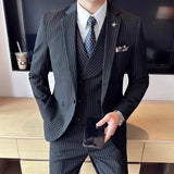 Aidase Fashion New Men's Boutique Business Slim Wedding Striped Double Breasted Suit Blazers Jacket Pants Trousers Vest 3 Pcs Set aidase-shop