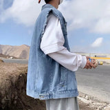 Aidase Denim Sleeveless Jacket Men Fashion Ripped Cotton Jean Vests Gilet Casual Jeans Waistcoat Cowboy Hip Hop Streetwear Clothing aidase-shop