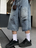 Aidase Men Graffiti Denim Jeans Shorts Women Vintage Cartoon Print Straight Wide Leg Shorts High Street Oversize Kneen Length Pants aidase-shop