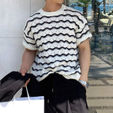 Aidase Trendy Striped Jacquard Men T Shirts Knitted O Neck Short Sleeve Hollow Out Knit T-shirts Summer Fashion Slim Men Knitted Tees aidase-shop