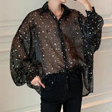 Aidase 2024 New Starry Sky Mesh Sexy Long-sleeved Shirt Men's Loose Oversize Lapel Shirt Top Sun Protection Shirt See-through Blouse aidase-shop