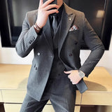 Aidase Fashion New Men's Boutique Business Slim Wedding Striped Double Breasted Suit Blazers Jacket Pants Trousers Vest 3 Pcs Set aidase-shop