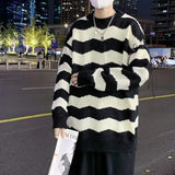 Pullover Stripe Knitted Sweater Men Baggy Korean Fashion Y2k Tops Round Neck Harajuku Male Black Sweatercoat aidase-shop