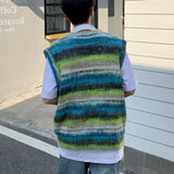 Aidase Sweater Vest Casual Loose V-neck Striped Spring Autumn Tie Dye Fashion Retro Soft Japanese Style Unisex Daily Knitting Youthful