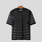 Aidase Men T Shirt Mesh Striped O-neck Short Sleeve Transparent Men Clothing Streetwear Sexy Korean Fashion Tee Tops S-5XL aidase-shop