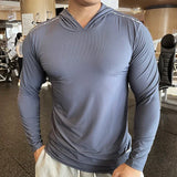 Aidase Gym Men T Shirt Casual Long Sleeve Slim Tops Tees Elastic T-shirt Sports Fitness Thin Comfort Breathable Quick Dry Hooded aidase-shop