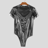 Aidase 2024 Men's Bodysuits Mesh Patchwork Shiny O-neck Short Sleeve Male Rompers Transparent Streetwear Fashion Bodysuit S-3XL aidase-shop