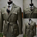 Aidase Traveling Men's Suit Blazer Bow Collar Military Green Single Breasted Buckle  Work Wear Bussiness Wedding Costume Size Color aidase-shop