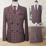 Aidase Men's Wedding Plaid Burgundy Blazers Jacket Pants Vest 3 Pcs Set Slim Fit Business Tuxedo Dress Classic Formal Suits Coat