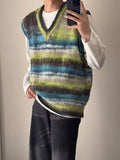 Aidase Man Clothes Tie Dye Vest Fleeced Knitted Sweaters for Men Striped Waistcoat Green Sleeveless V Neck Thick Winter Aesthetic Meme aidase-shop