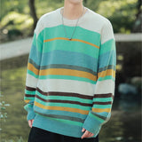 Aidase Autumn Striped Sweaters Men Korean Loose Streetwear Men's Pullovers Oversized Knitted Sweater Men Green Striped Sweater Women