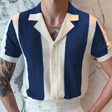 Aidase Luxury Men Knit Shirt Striped Contrast Color Jacquard Knitted Tops Men Cardigans Summer Short Sleeve Buttoned Lapel Slim Shirts aidase-shop