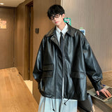 Mens Leather Jacket Loose Fashion Fake Luxury Unisex Clothing Autumn Male Coats Casual Korean Style Zippers Outwear aidase-shop