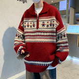 Aidase New Year Striped Christmas Sweaters Men Lapel Zipper Pullover Women Autumn Winter Loose Niche Couple Knitted Sweater Coat aidase-shop