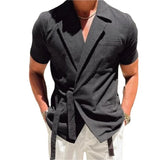 Aidase New Summer Solid Color Male Short Sleeved Shirt Lapel Strap French Elegant Gentleman Loose Casual Simple Tops Men's Clothing aidase-shop