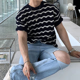 Aidase Trendy Striped Jacquard Men T Shirts Knitted O Neck Short Sleeve Hollow Out Knit T-shirts Summer Fashion Slim Men Knitted Tees aidase-shop