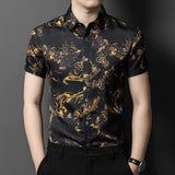 Aidase Men Floral Print Shirt Summer Silk Business Dress Shirts Short Sleeve Club Casual Flower Tops Clothing