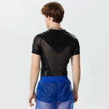 Aidase 2024 Men's Bodysuits Mesh Patchwork Shiny O-neck Short Sleeve Male Rompers Transparent Streetwear Fashion Bodysuit S-3XL aidase-shop