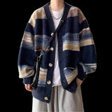 Aidase 2024 Autumn Winter New Men Oversize Loose Knitted Jackets Male Contrast Color Striped Cardigan Mens V-neck Sweater Coats aidase-shop