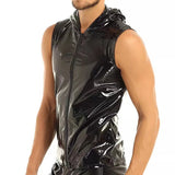 Aidase Men PVC Hoodies Tank Tops PU Leather Zipper Sleeveless Latex Hooded Shirts Vest Sexy Party Clubwear Fitness T-shirts Streetwear aidase-shop