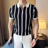 Aidase High-end Simplicity Temperament Handsome Neat Color Collision Stripe Formal Slim Lapel Knitwear Men's Short Sleeves Summer