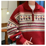 Aidase New Year Striped Christmas Sweaters Men Lapel Zipper Pullover Women Autumn Winter Loose Niche Couple Knitted Sweater Coat aidase-shop